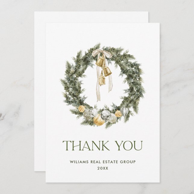 Elegant Bohemian Christmas Pine Wreath Company Thank You Card (Front/Back)