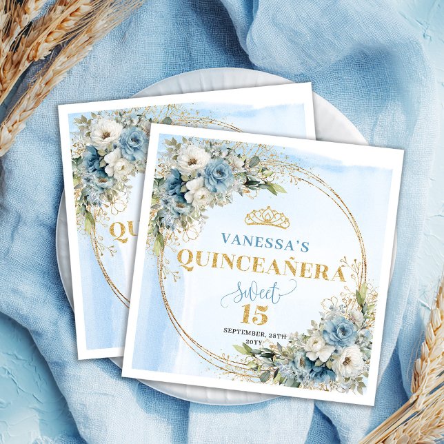 Elegant Bohemian Dusty Blue Floral Gold Glitter  Napkin (Boho Dusty Blue Floral Eucalyptus Gold Glitter Quinceañera)