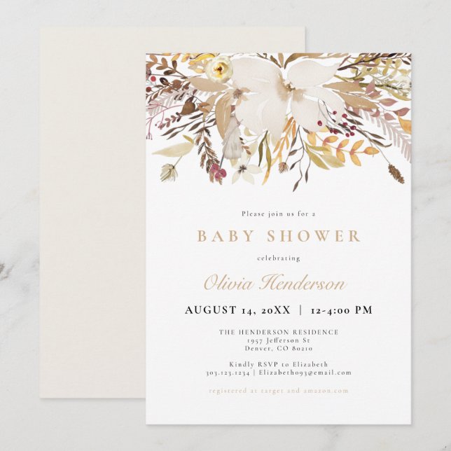 Elegant Bohemian Fall Floral Baby Shower Invitation (Front/Back)