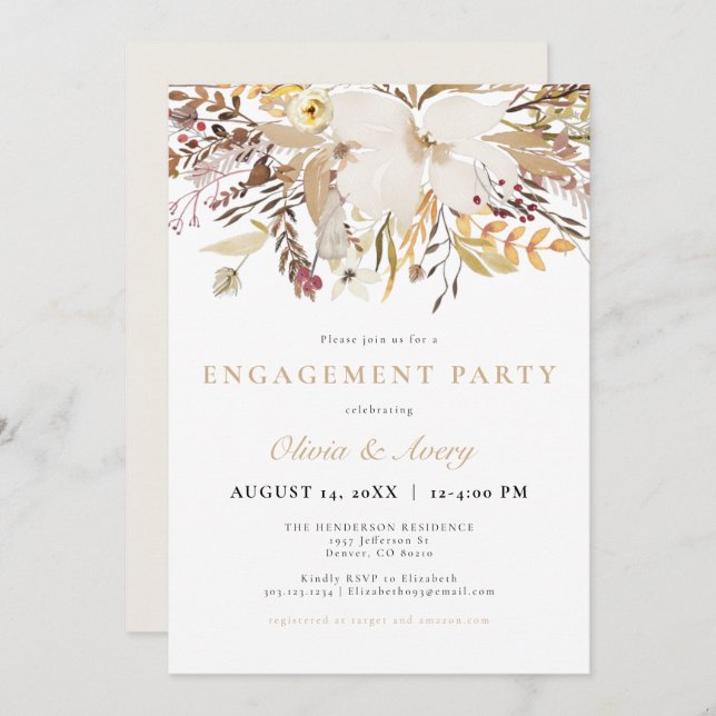 Elegant Bohemian Fall Floral Engagement Party Invitation (Front/Back)