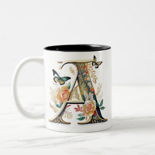 Elegant bohemian floral letter A Two-Tone Coffee Mug