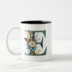 Elegant bohemian floral letter E Two-Tone Coffee Mug