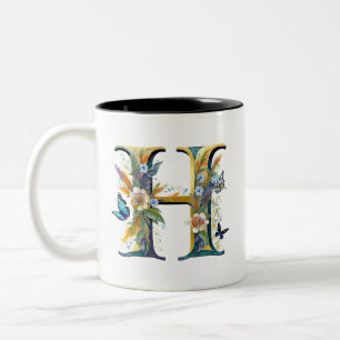 Elegant bohemian floral letter H Two-Tone Coffee Mug
