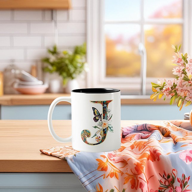 Elegant bohemian floral letter J Two-Tone Coffee Mug (Creator Uploaded)