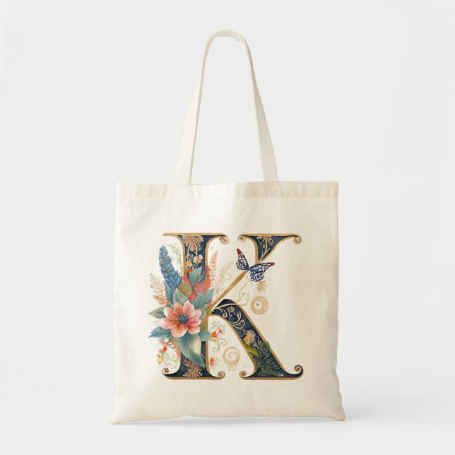 Elegant bohemian floral letter K Tote Bag (Front)