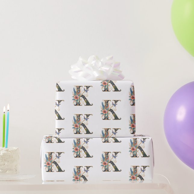 Elegant bohemian floral letter K Wrapping Paper (Party Gifts)