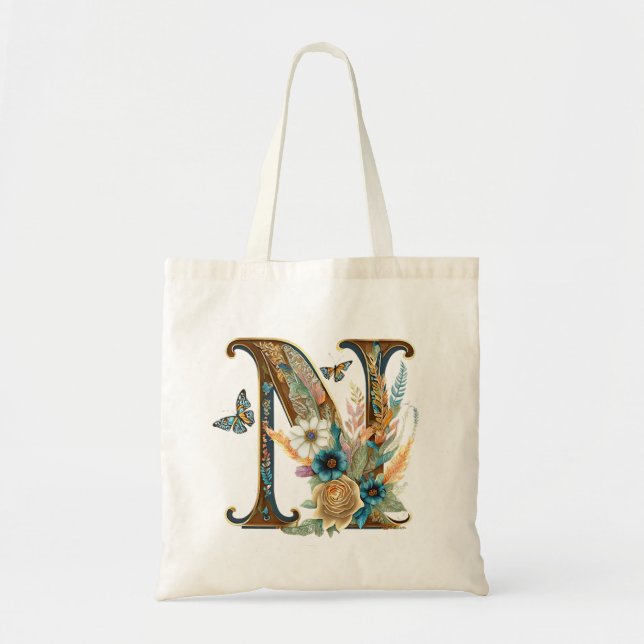 Elegant bohemian floral letter N Tote Bag (Front)