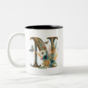 Elegant bohemian floral letter N Two-Tone Coffee Mug