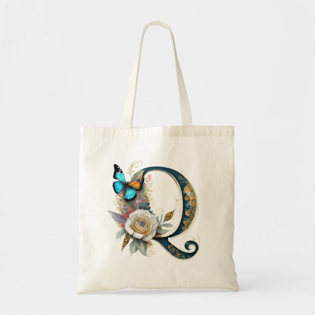 Elegant bohemian floral letter Q Tote Bag (Front)