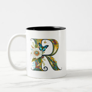 Elegant bohemian floral letter R Two-Tone Coffee Mug