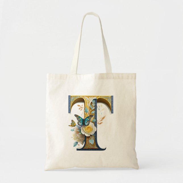 Elegant bohemian floral letter T Tote Bag (Front)