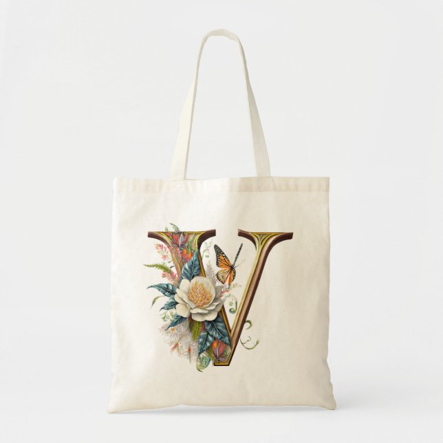 Elegant bohemian floral letter V Tote Bag (Front)