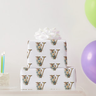 Elegant bohemian floral letter V Wrapping Paper