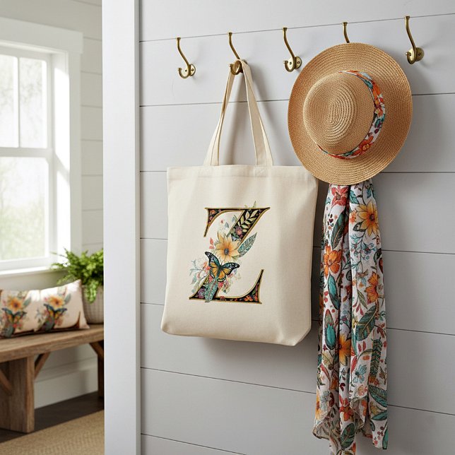 Elegant bohemian floral letter Z Tote Bag (Creator Uploaded)