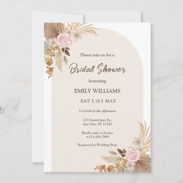 Elegant Bohemian Floral Pampas Grass Bridal Shower Invitation (Front)