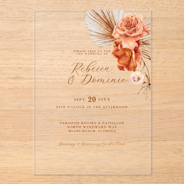 Elegant Bohemian Rustic Floral Wedding Acrylic Invitations (Front)