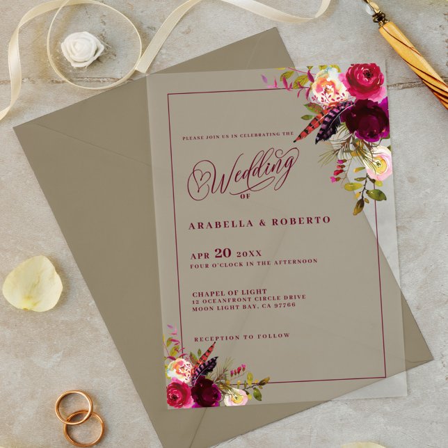 Elegant Bohemian Watercolor Floral Wedding Acrylic Invitations (Creator Uploaded)