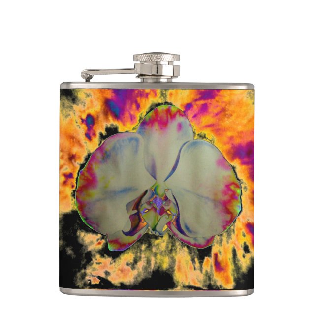 Elegant boho abstract watercolor orchid painting hip flask (Front)
