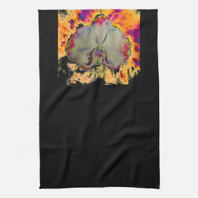 Elegant boho abstract watercolor orchid painting tea towel (Vertical)