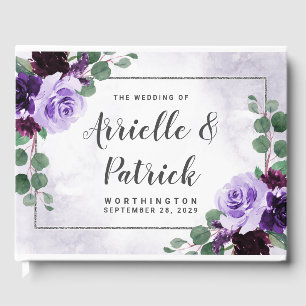 Elegant Boho Airy Floral Purple and Silver Wedding Guest Book