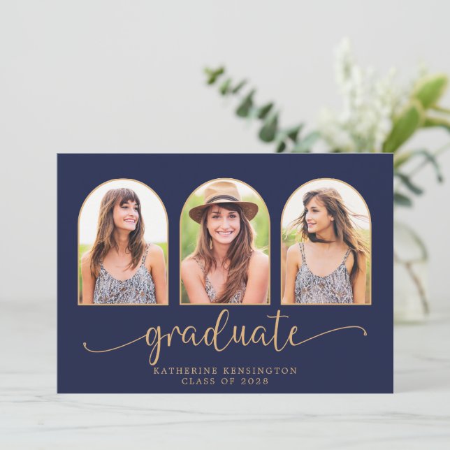 Elegant Boho Arch Navy Blue Gold 3 Photo Invitation (Standing Front)