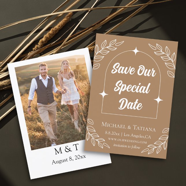 elegant boho arch photo brown white save the date (Creator Uploaded)