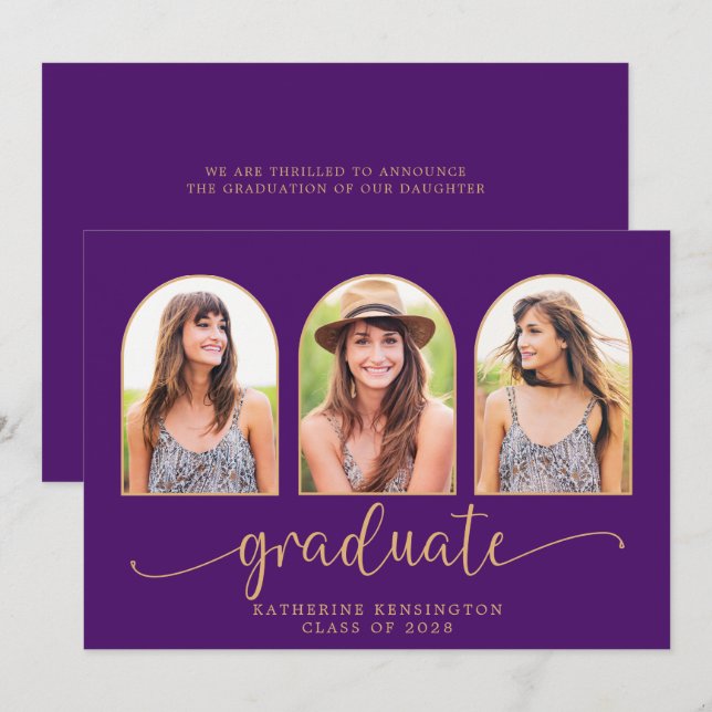 Elegant Boho Arch Purple Gold 3 Photo Graduation Invitation (Front/Back)