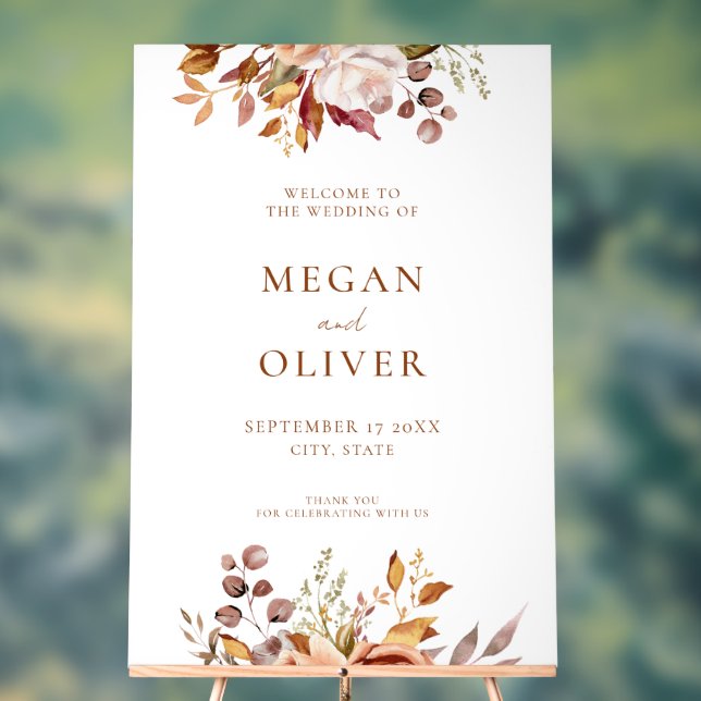 Elegant Boho Autumn Floral Wedding Welcome Acrylic Sign (Neutral)