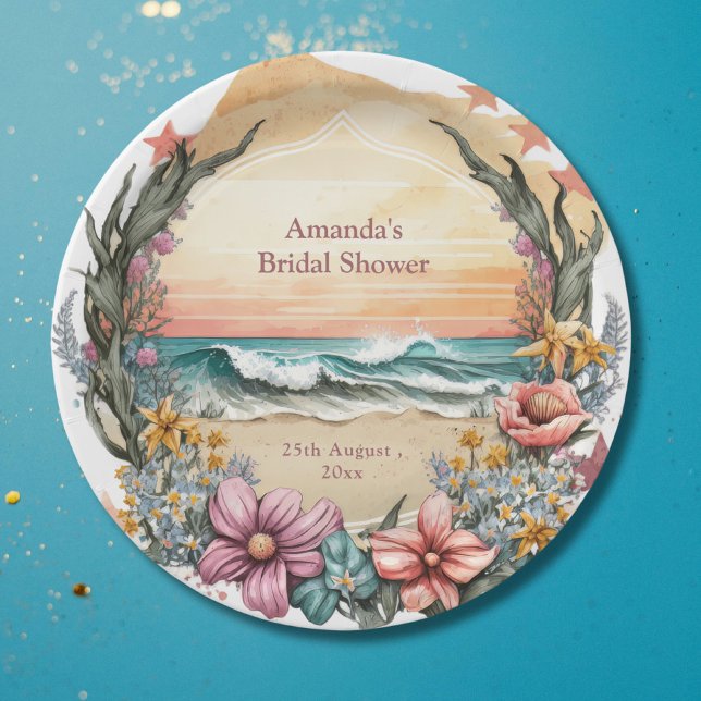 Elegant Boho Beach Flower Wreath Monogram Wedding Paper Plate (Creator Uploaded)