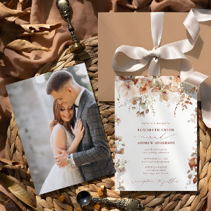 Elegant Boho Beige Floral Photo Wedding  Invitation