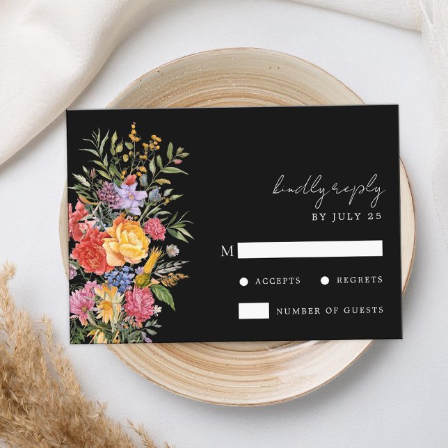 Elegant Boho Black Dutch Floral Wedding RSVP Card (Creator Uploaded)