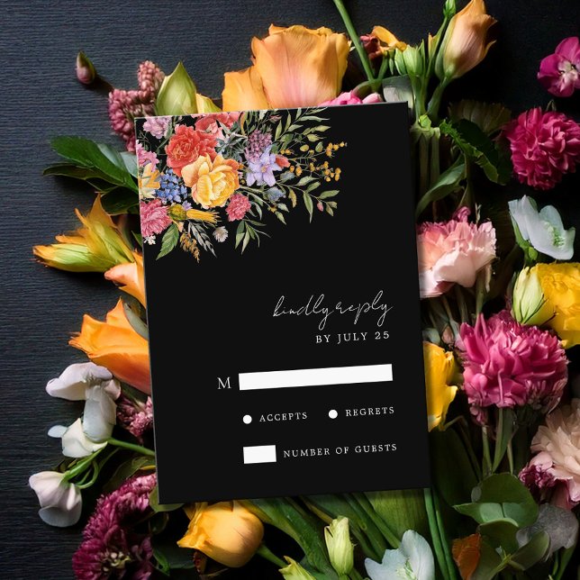 Elegant Boho Black Dutch Floral Wedding RSVP Card (Creator Uploaded)