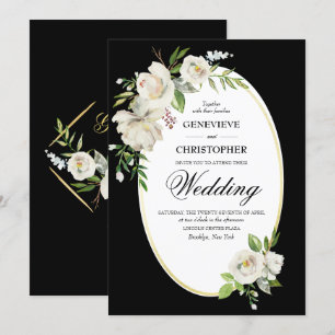 Elegant Boho Black Floral Gold Wedding Invitation