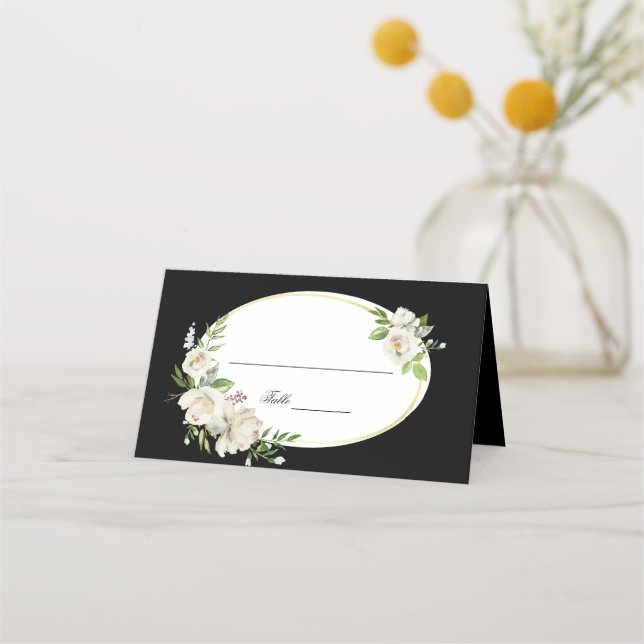 Elegant Boho Black Floral Gold Wedding Monogram Place Card (Front)