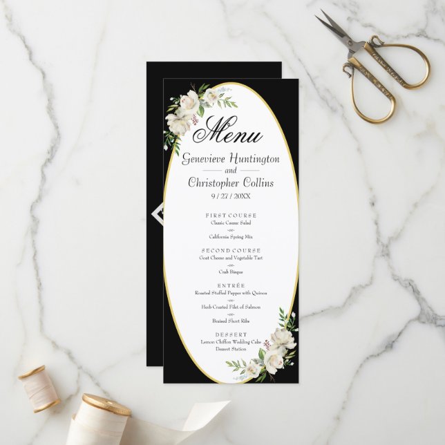 Elegant Boho Black Floral Wedding Menu (Front/Back In Situ)