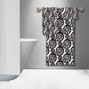Elegant Boho Black White Botanical Fern Leaf Curls Bath Towel Set