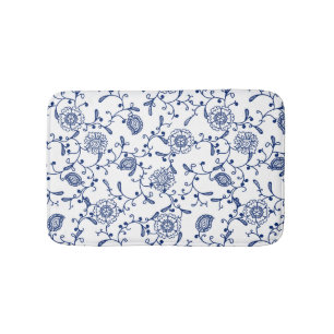Elegant Boho Blue and White Flowers and Swirls Bath Mat