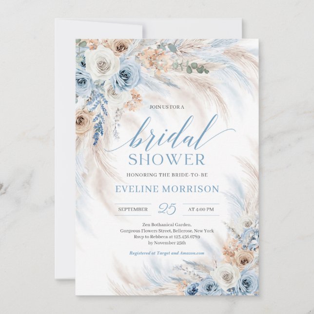 Elegant boho blue floral and ivory roses pampas invitation (Front)