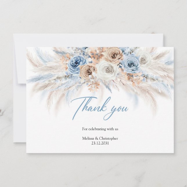 Elegant boho blue floral and ivory roses pampas thank you card (Front)