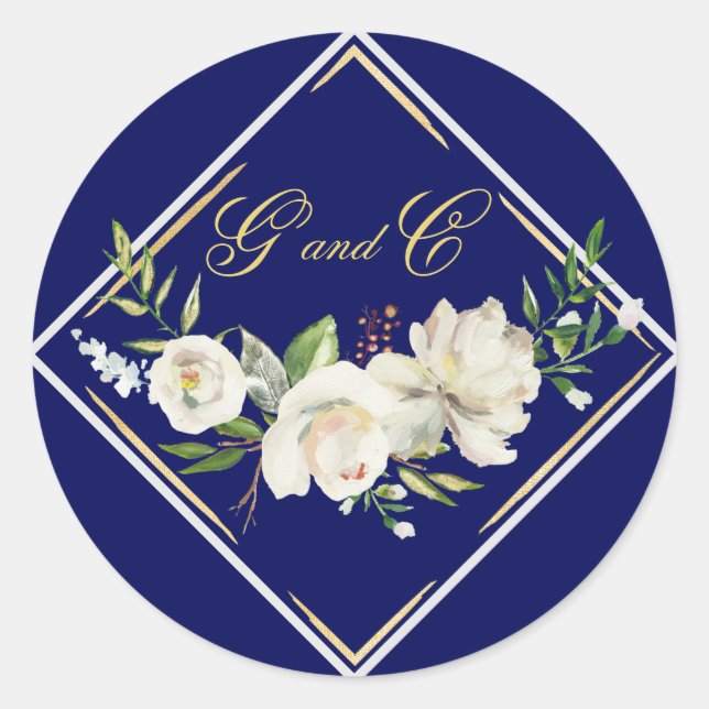 Elegant Boho Blue Floral Gold Wedding Monogram Classic Round Sticker (Front)
