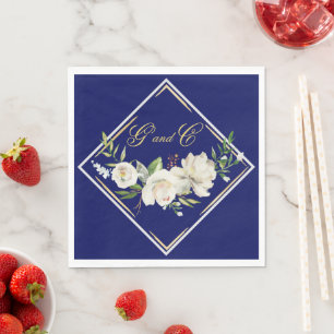 Elegant Boho Blue Floral Gold Wedding Monogram Napkin