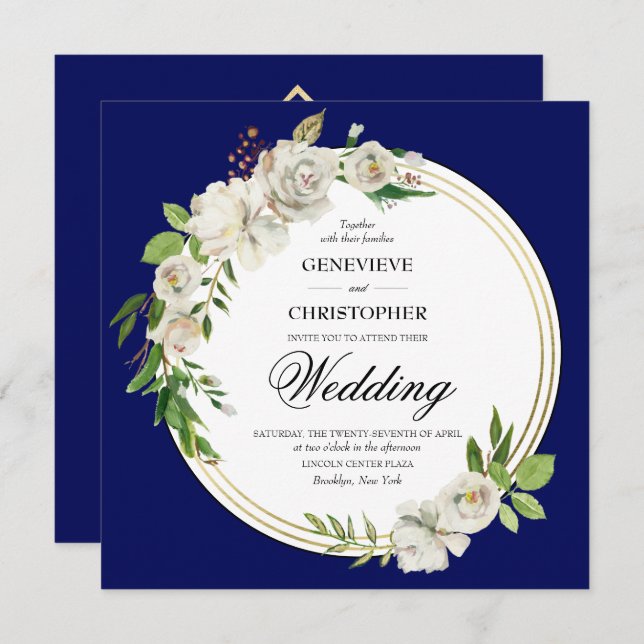 Elegant Boho Blue Floral Gold Wedding Square Invitation (Front/Back)