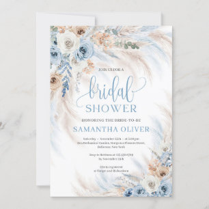Elegant boho blue floral ivory roses pampas grass invitation