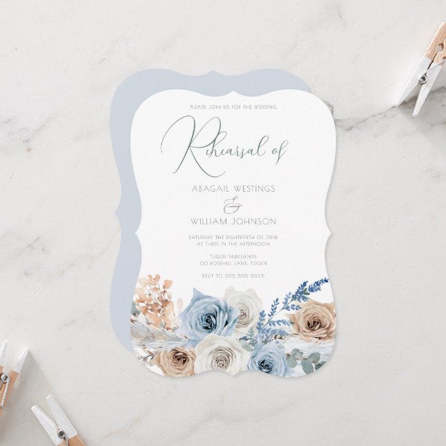 Elegant Boho Blue Floral Wedding Rehearsal Dinner Invitation (Front/Back In Situ)