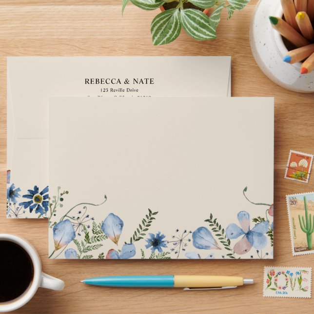 Elegant Boho Blue Florals 5x7 Card Envelope (Desk)