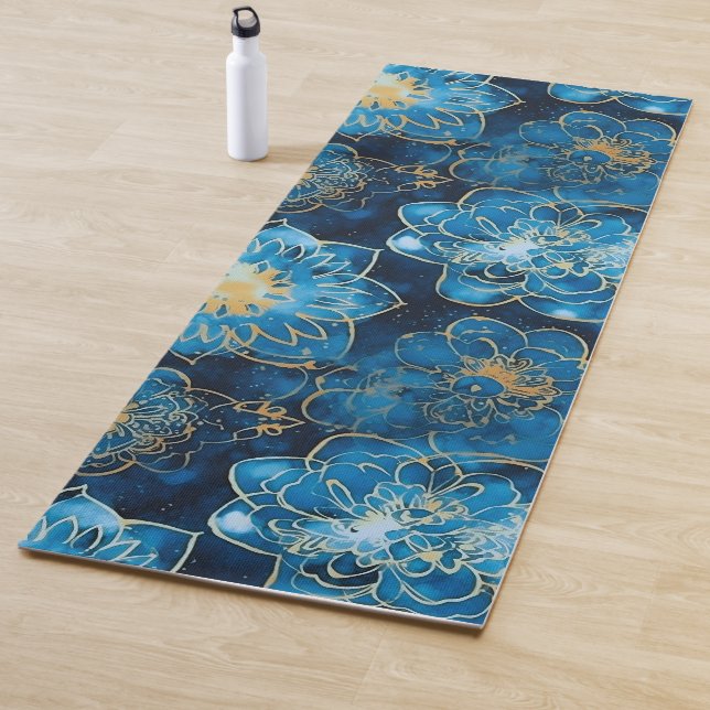 Elegant Boho Blue Gold Floral Mandala Yoga Mat (In Situ)