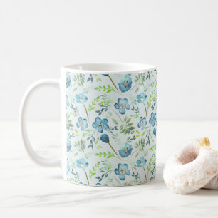 Elegant Boho Blue Green Watercolor Flowers Coffee Mug