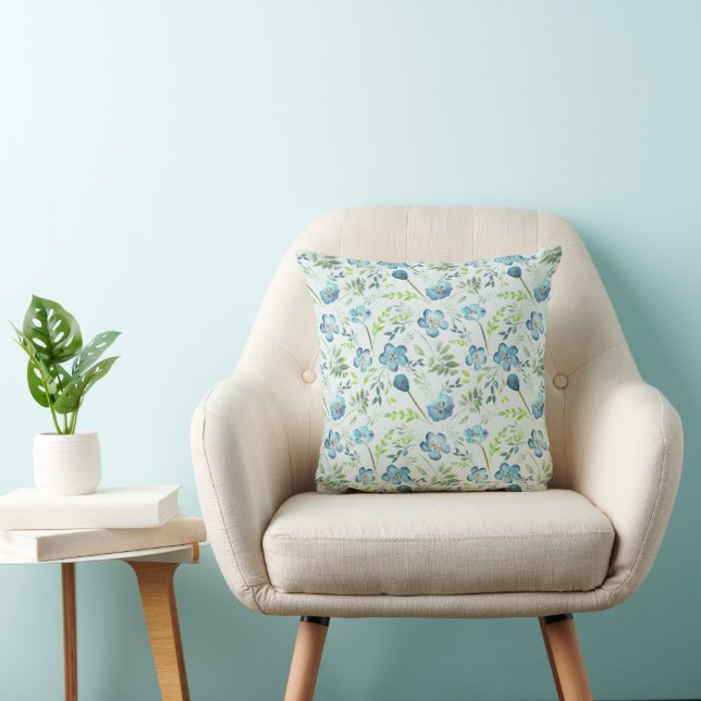Elegant Boho Blue Green Watercolor Flowers Cushion (Chair)
