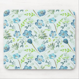 Elegant Boho Blue Green Watercolor Flowers Mouse Mat