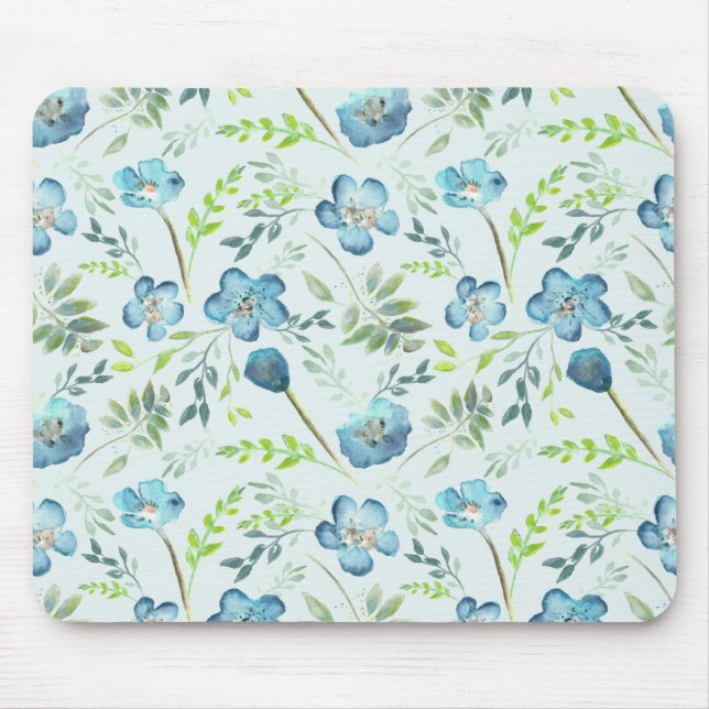 Elegant Boho Blue Green Watercolor Flowers Mouse Mat (Front)